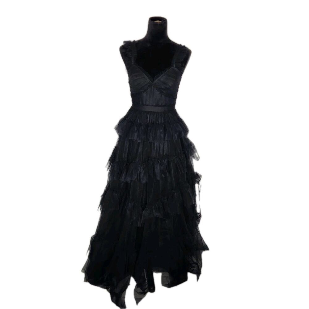 BCBGMAXAZRIA Black Tulle Tiered Maxi Dress Ruffle V Neck Formal Size 2 - Picture 1 of 10